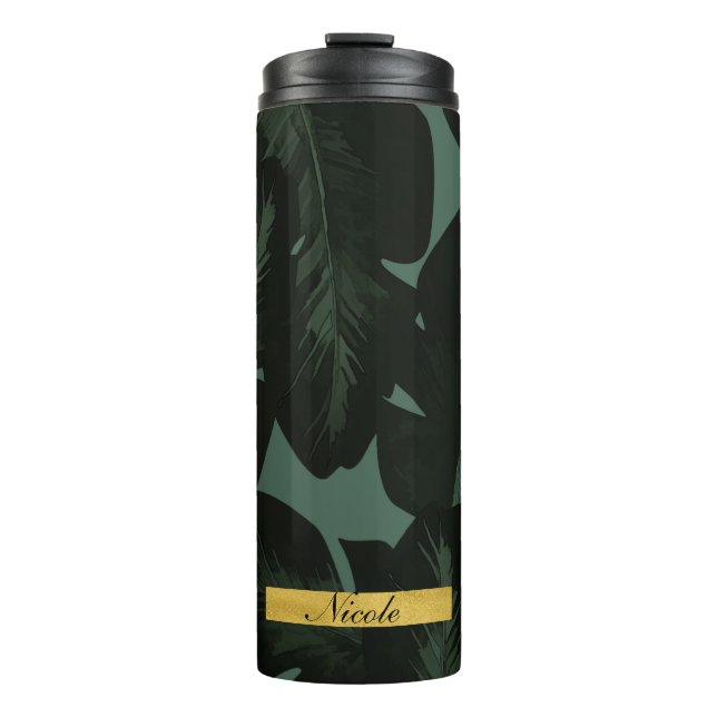 Tropical Palm Leaves Elegant Green Black Custom Thermal Tumbler (Front)