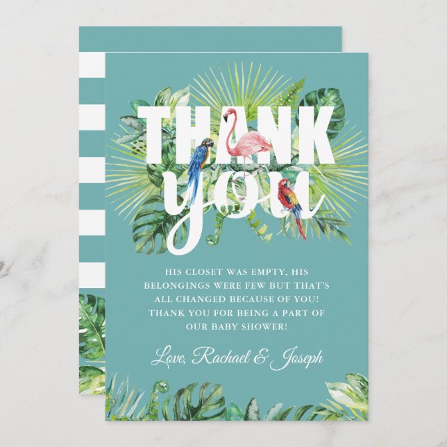 Tropical Palm Leaves Flamingo Birds Mint Green Thank You Card (Front/Back)