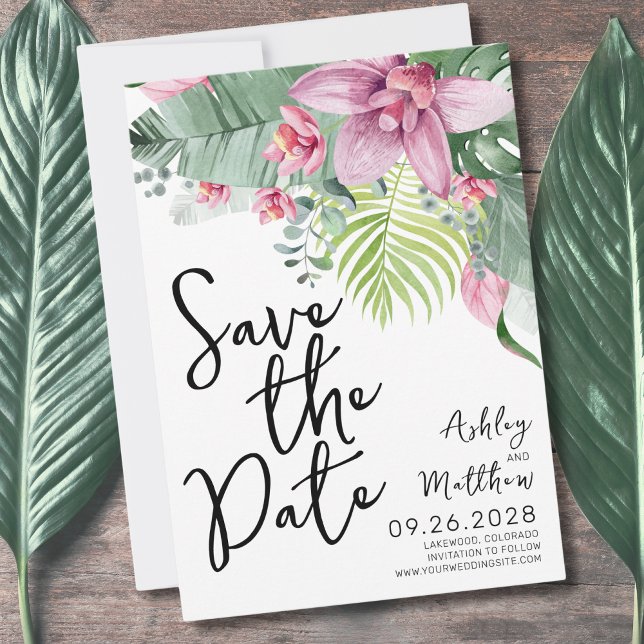 Tropical Palm Leaves Floral Wedding Save The Date (Fun Modern Floral Watercolor Tropical Wedding Save The Date)