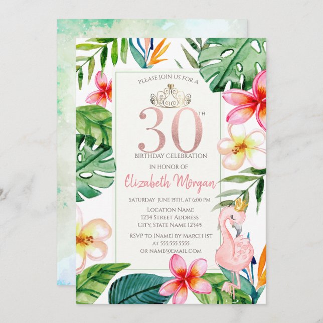 Tropical Palm Leaves Flowers Pink Flamingo 30th Invitation (Front/Back)