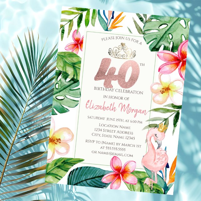 Tropical Palm Leaves Flowers Pink Flamingo 40th Invitation (Creator Uploaded)