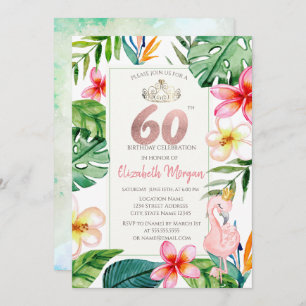 Tropical Palm Leaves Flowers Pink Flamingo 60th Invitation