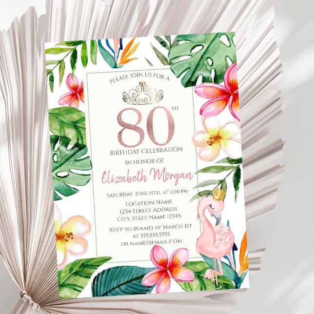 Tropical Palm Leaves Flowers Pink Flamingo 80th Invitation (Creator Uploaded)