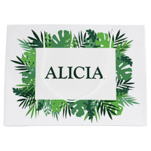 Tropical palm leaves frame custom name  large gift bag