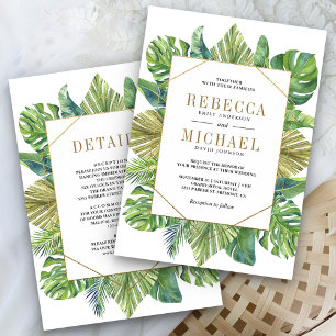 Tropical Palm Leaves Gold All in One Wedding Invitation