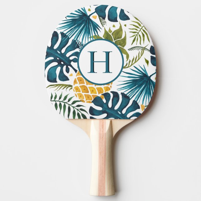 Tropical palm leaves gold pineapple blue monogram ping pong paddle (Front)