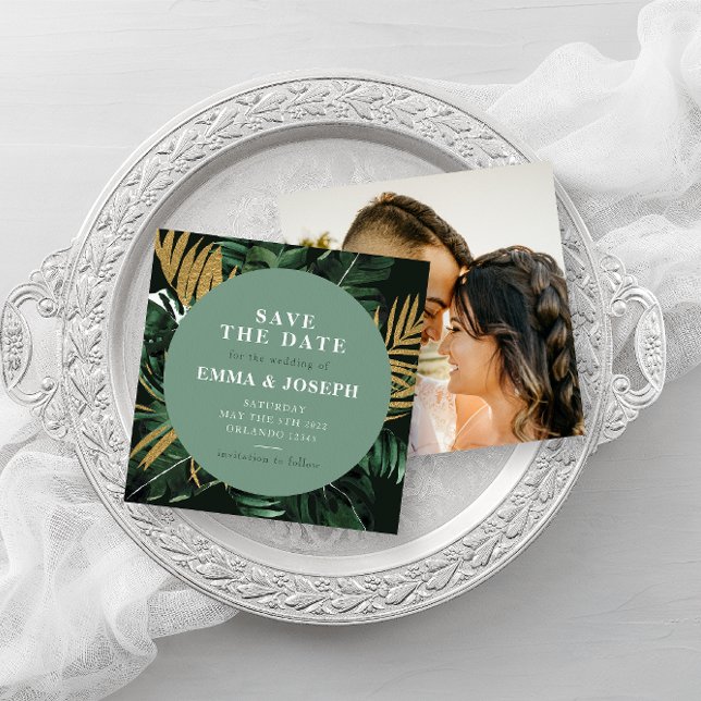 Tropical Palm leaves green Save the Date Wedding I Invitation (Creator Uploaded)