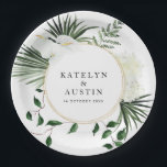 tropical palm leaves greenery floral wedding  paper plate<br><div class="desc">A simple design with tropical palm leaves greenery floral wedding. The text details and colours can be edited.</div>