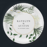 tropical palm leaves greenery floral wedding  paper plate<br><div class="desc">A simple design with tropical palm leaves greenery floral wedding. The text details and colours can be edited.</div>