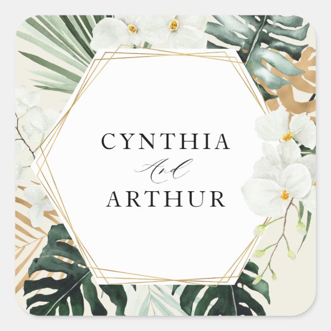 tropical palm leaves greenery floral wedding square sticker (Front)