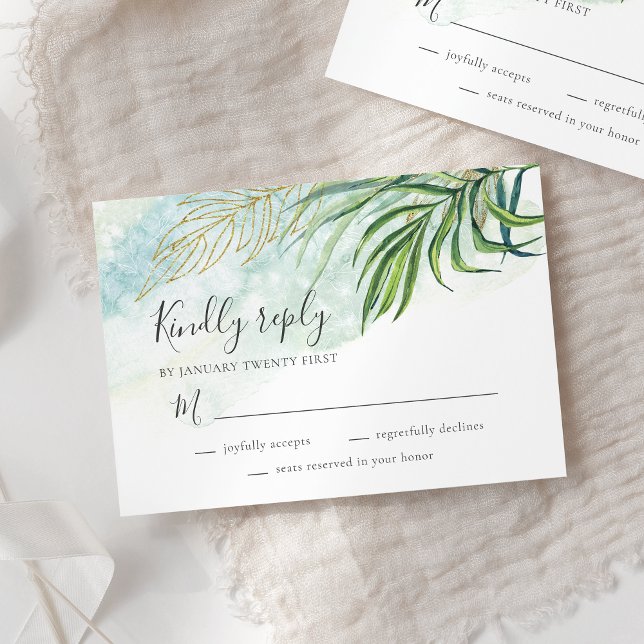 Tropical Palm Leaves Greenery Foliage Wedding RSVP Card (Creator Uploaded)