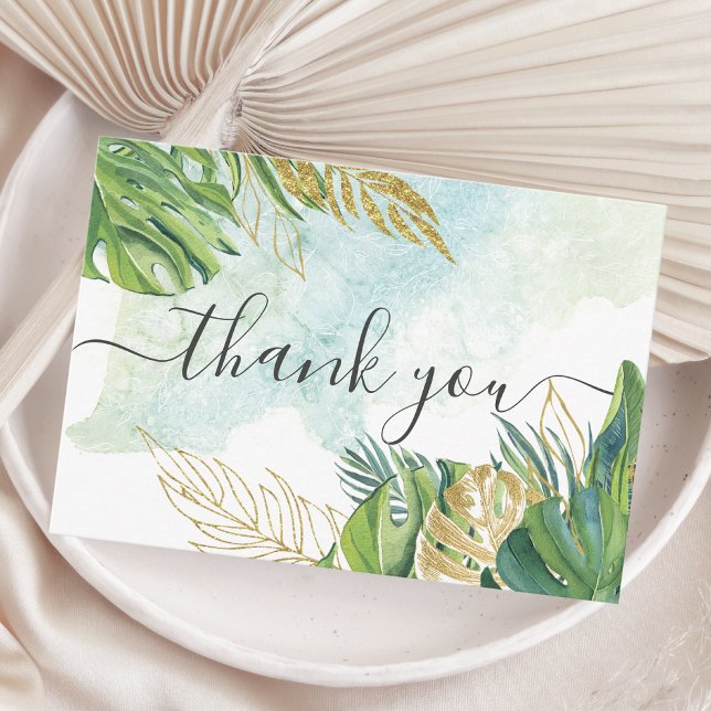 Tropical Palm Leaves Greenery Gold Foliage Wedding Thank You Card (Creator Uploaded)