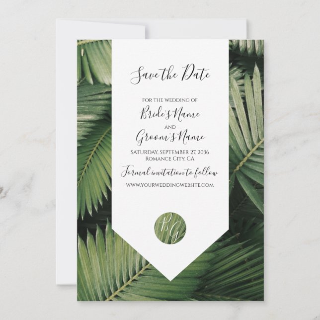 Tropical Palm Leaves Greenery Wedding Save The Date (Front)