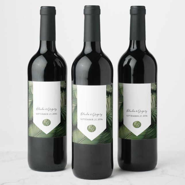 Tropical Palm Leaves Greenery Wedding  Wine Label (Bottles)