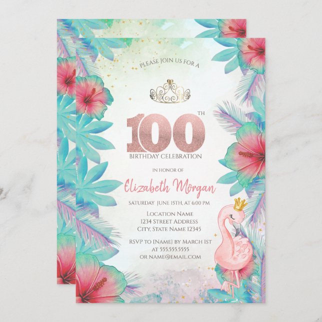 Tropical Palm Leaves Hibiscus Pink Flamingo 100th Invitation (Front/Back)
