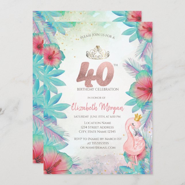 Tropical Palm Leaves Hibiscus Pink Flamingo 40th Invitation (Front/Back)