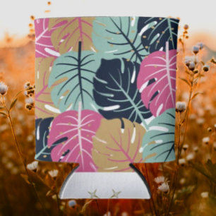 Tropical Palm Leaves in Pink & Blue Beverage Can Cooler