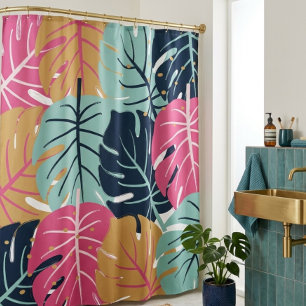 Tropical Palm Leaves in Pink & Blue Botanical Shower Curtain