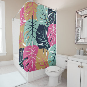 Tropical Palm Leaves in Pink & Blue   Botanical Shower Curtain