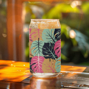 Tropical Palm Leaves in Pink & Blue Can Glass