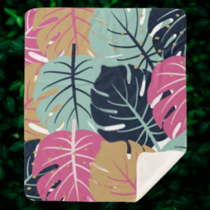 Tropical Palm Leaves in Pink & Blue   Cosy Sherpa Blanket