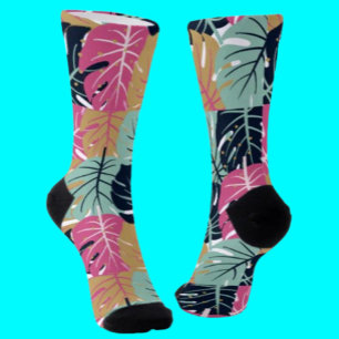 Tropical Palm Leaves in Pink & Blue   Crew Socks
