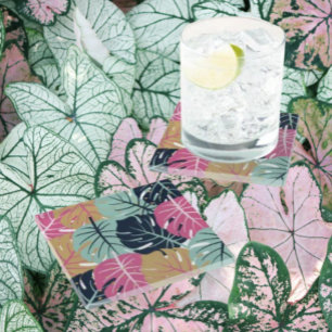 Tropical Palm Leaves in Pink & Blue    Glass Coaster
