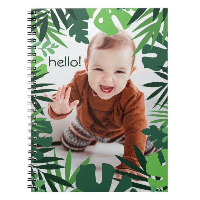 Tropical palm leaves jungle boy hello text notebook (Front)