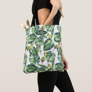 Tropical Palm Leaves Name Tote Bag