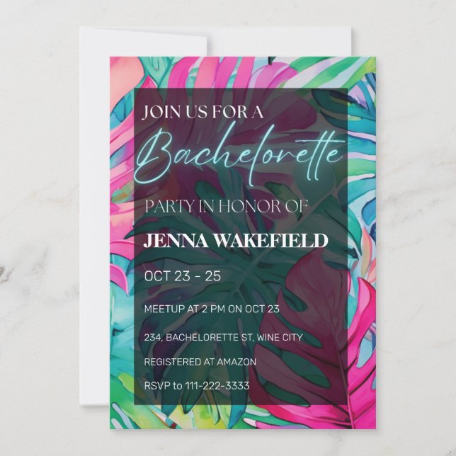 Tropical Palm Leaves Neon Bachelorette Party Invitation (Front)