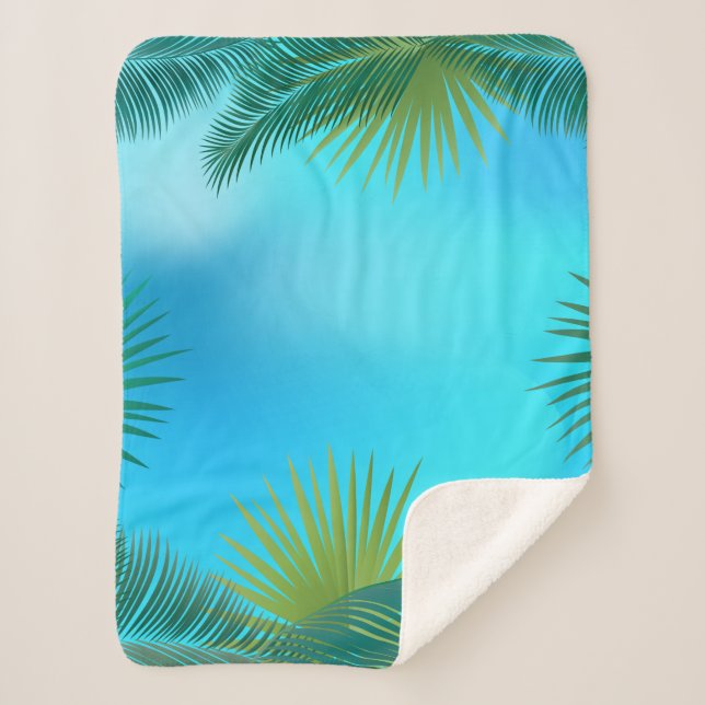 Tropical palm leaves on blue sky landscape sherpa blanket (Front)