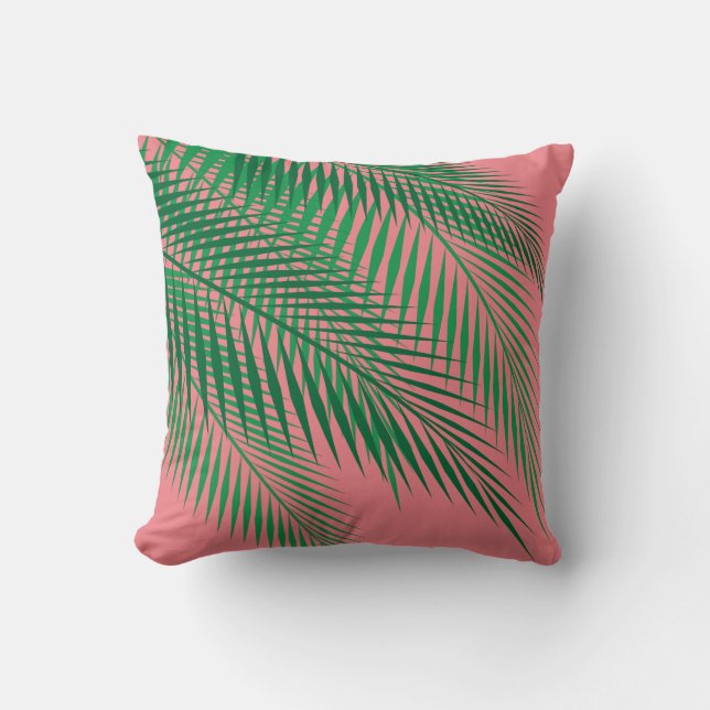 Tropical Palm Leaves on Coral Sky Cushion (Front)