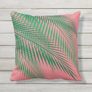 Tropical Palm Leaves on Coral Sky - Outdoor Cushion