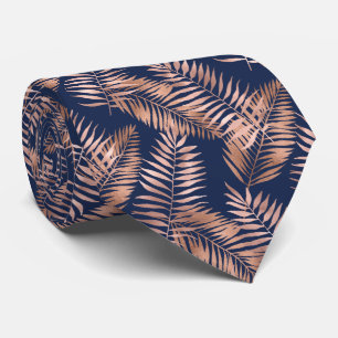 Tropical Palm Leaves Pattern Rose Gold Navy Blue Tie