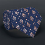 Tropical Palm Leaves Pattern Rose Gold Navy Blue Tie<br><div class="desc">This elegant necktie features a pattern of small,  stylised botanical motifs divided by dotted lines in rose gold faux foil on a navy blue background. Ideal for groomsmen in a navy blue and rose gold themed wedding.</div>