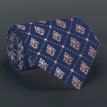 Tropical Palm Leaves Pattern Rose Gold Navy Blue Tie<br><div class="desc">This elegant necktie features a pattern of small,  stylised botanical motifs divided by dotted lines in rose gold faux foil on a navy blue background. Ideal for groomsmen in a navy blue and rose gold themed wedding.</div>