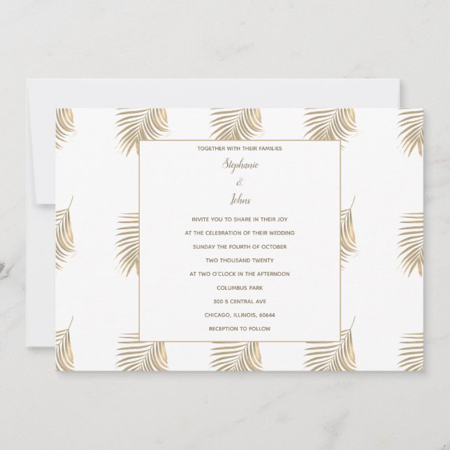 Tropical Palm Leaves Pattern Sepia Gold Wedding Invitation (Front)