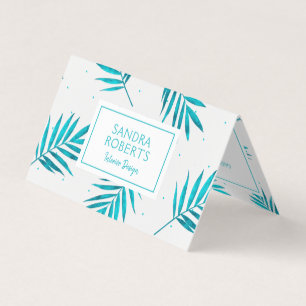 Tropical palm leaves pattern turquoise and white business card