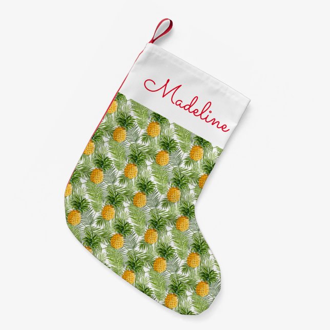 Tropical Palm Leaves & Pineapples | Add Your Name Small Christmas Stocking (Front (Hanging))