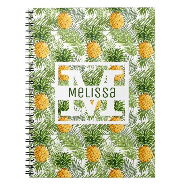 Tropical Palm Leaves & Pineapples | Add Your Name Spiral Notebook (Front)