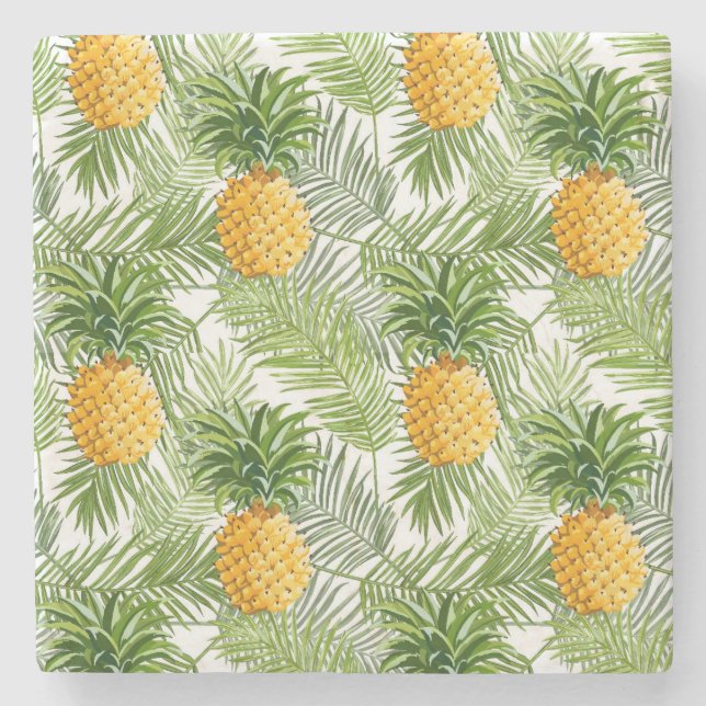 Tropical Palm Leaves & Pineapples Stone Coaster (Front)