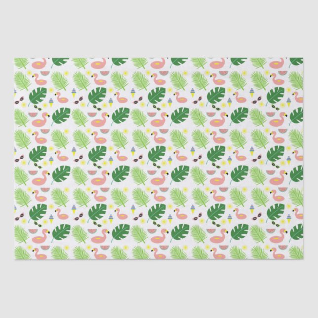 Tropical Palm Leaves Pink Flamingos Pattern Tissue Paper (Front)
