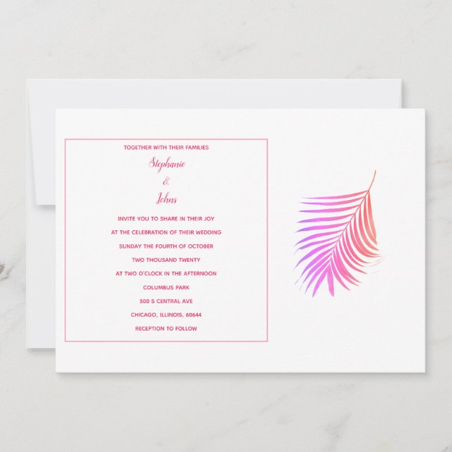 Tropical Palm Leaves Pink Modern Elegant Wedding Invitation (Front)
