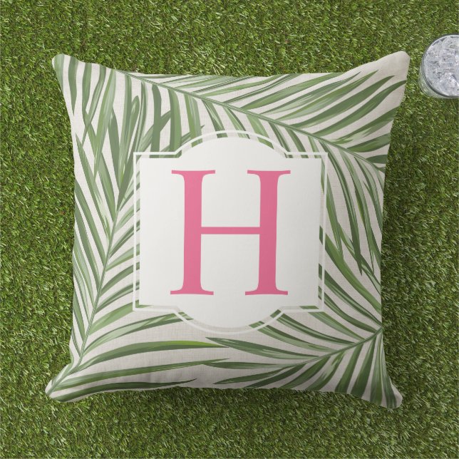 Tropical Palm Leaves Pink Monogram Cushion (Grass)