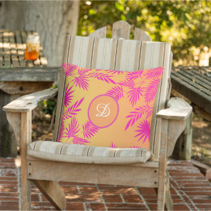 tropical palm leaves pink orange cushion