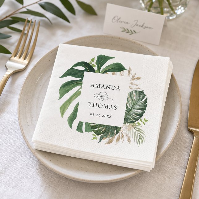 Tropical Palm Leaves Rustic Greenery Wedding Napkin (Creator Uploaded)
