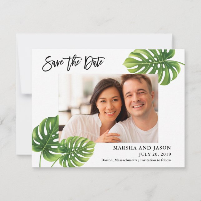 Tropical Palm Leaves Save the Date Card (Front)