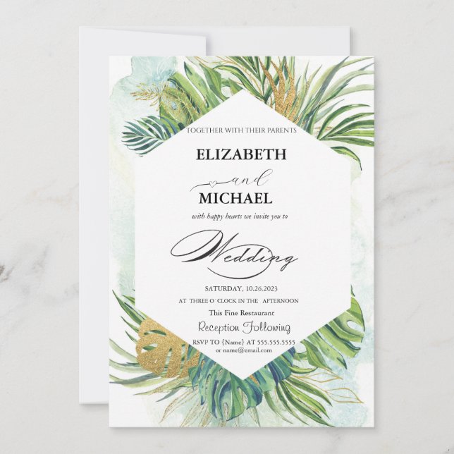 Tropical Palm Leaves Script Summer Wedding  Invitation (Front)