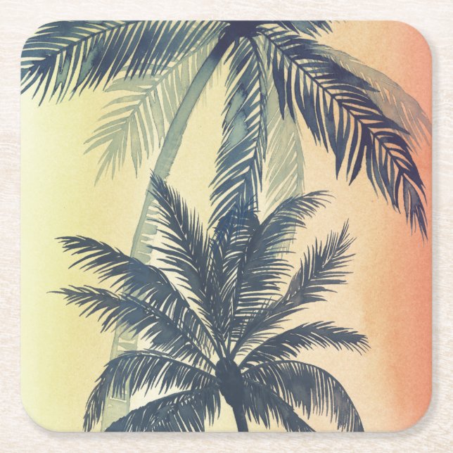 Tropical Palm Leaves Square Paper Coaster (Front)