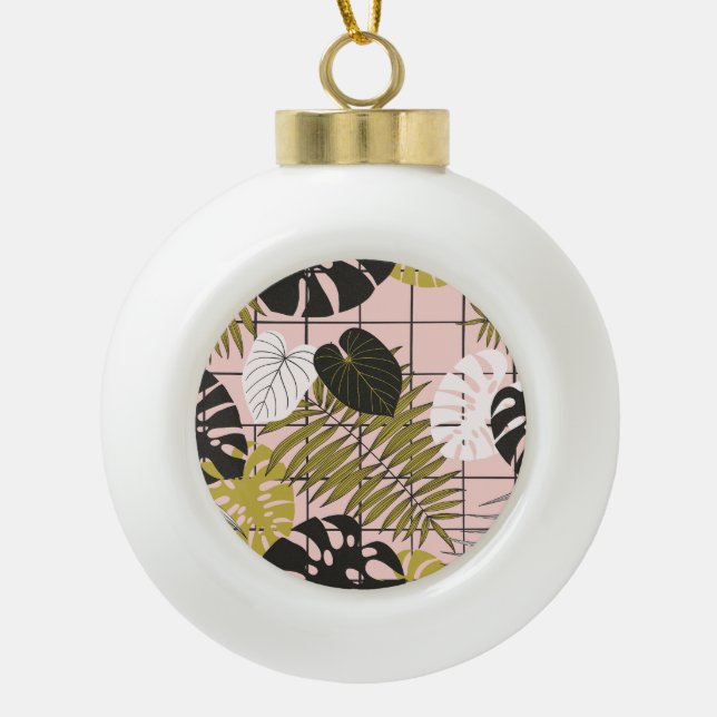 Tropical palm leaves, stylish summer. ceramic ball christmas ornament (Front)
